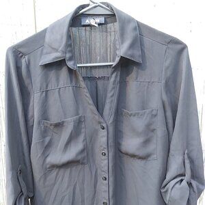 A. Byer Sheer Black Button Down V-Neck Blouse Top Shirt with Pockets- S
